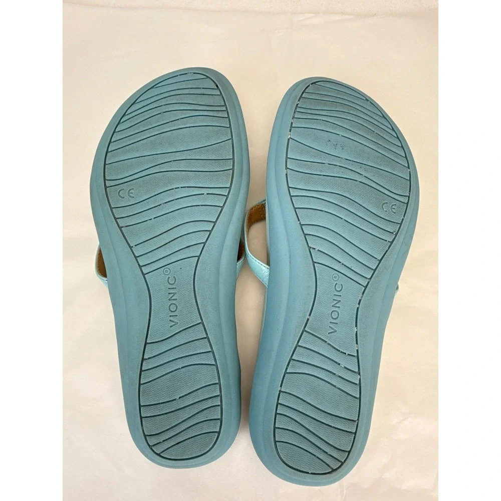 Vionic Raysa Sandals Womens 6.5 Light Blue Patent Leather Thong Orthotic Comfort